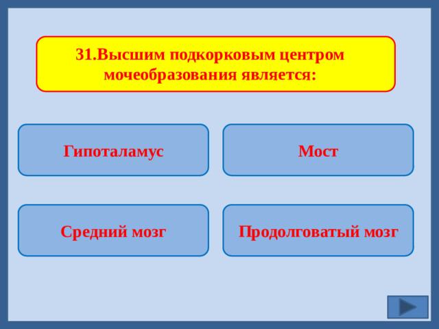 31.Высшим подкорковым центром мочеобразования является: Гипоталамус Мост   Продолговатый мозг Средний мозг