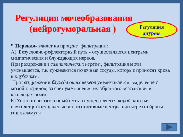 Регуляция мочеобразования (нейрогуморальная )  Регуляция диуреза Нервная - влияет на процент фильтрации: А) Безусловно-рефлекторный путь - осуществляется центрами симпатических и блуждающих нервов. При раздражении симпатических нервов , фильтрация мочи уменьшается, т.к. суживаются почечные сосуды, которые приносят кровь к клубочкам.  При раздражении блуждающих нервов увеличивается выделение с мочой хлоридов, за счет уменьшения их обратного всасывания в канальцах почек. Б) Условно-рефлекторный путь- осуществляется корой, которая изменяет работу почек через вегетативные центры или через нейроны гипоталамуса.