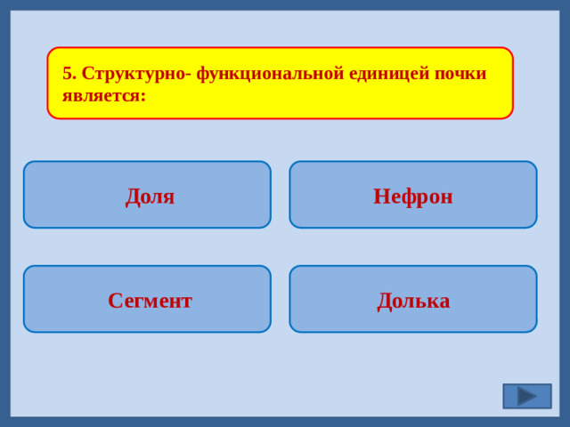 5. Структурно- функциональной единицей почки является:  Доля Нефрон   Долька  Сегмент