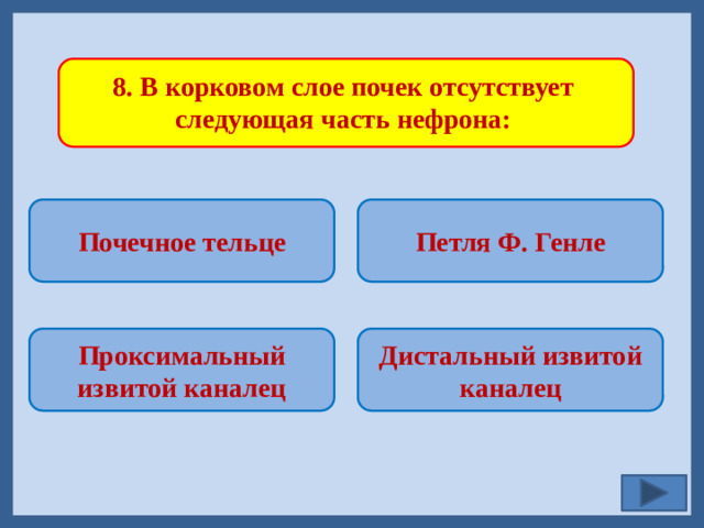 8. В корковом слое почек отсутствует следующая часть нефрона: Почечное тельце Петля Ф. Генле   Дистальный извитой каналец Проксимальный извитой каналец