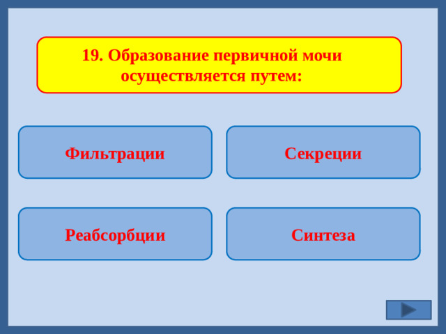 19. Образование первичной мочи осуществляется путем: Фильтрации Секреции    Синтеза Реабсорбции