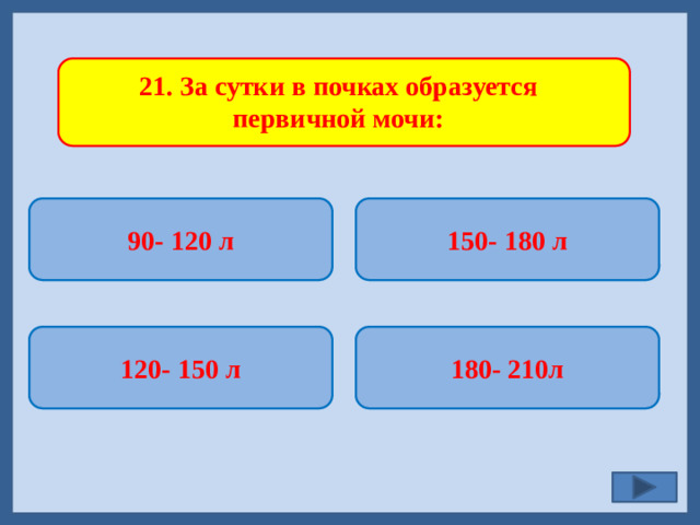 21. За сутки в почках образуется первичной мочи: 90- 120 л 150- 180 л   180- 210л 120- 150 л