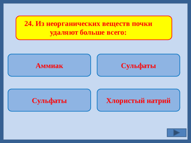 24. Из неорганических веществ почки удаляют больше всего: Аммиак Сульфаты   Хлористый натрий Сульфаты
