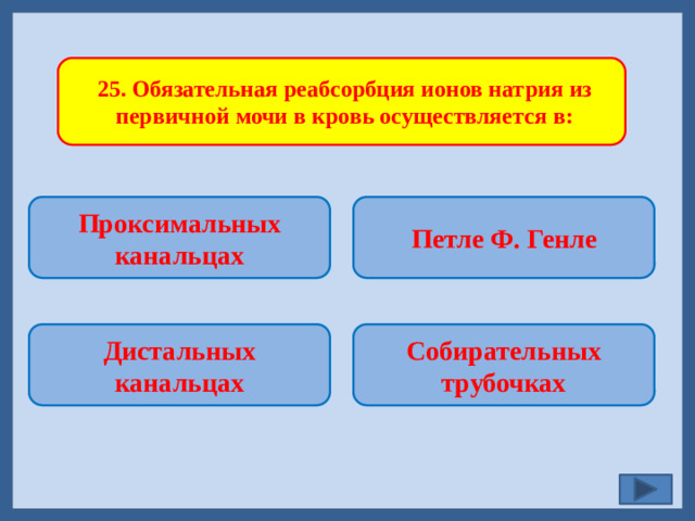 25. Обязательная реабсорбция ионов натрия из первичной мочи в кровь осуществляется в: Проксимальных канальцах Петле Ф. Генле   Собирательных трубочках Дистальных канальцах
