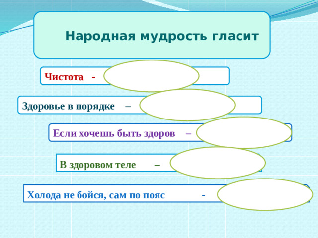 Народная мудрость гласит Чистота - залог здоровья. Здоровье в порядке – спасибо зарядке. Если хочешь быть здоров – закаляйся. В здоровом теле – здоровый дух. Холода не бойся, сам по пояс - мойся.
