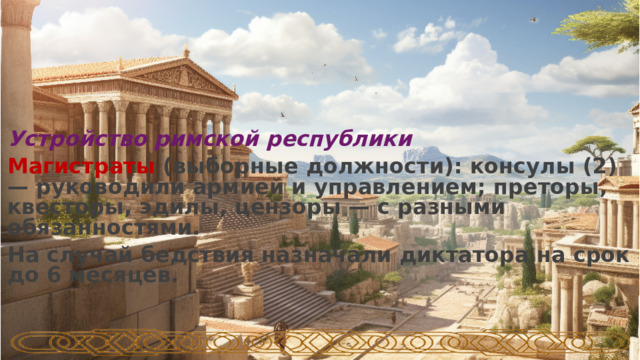 Устройство римской республики Магистраты (выборные должности): консулы (2) — руководили армией и управлением; преторы, квесторы, эдилы, цензоры — с разными обязанностями. На случай бедствия назначали диктатора на срок до 6 месяцев.