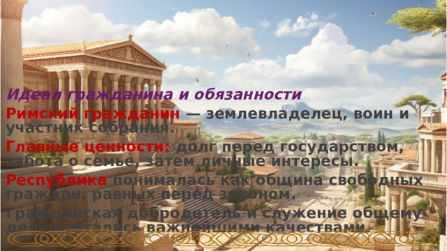 Идеал гражданина и обязанности Римский гражданин — землевладелец, воин и участник собрания. Главные ценности: долг перед государством, забота о семье, затем личные интересы. Республика понималась как община свободных граждан, равных перед законом. Гражданская добродетель и служение общему делу считались важнейшими качествами.