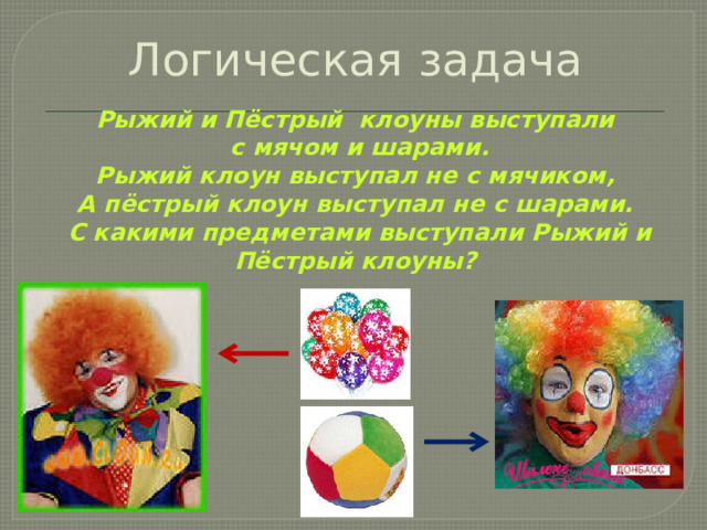 Логическая задача Рыжий и Пёстрый клоуны выступали с мячом и шарами.  Рыжий клоун выступал не с мячиком,  А пёстрый клоун выступал не с шарами.  С какими предметами выступали Рыжий и Пёстрый клоуны?