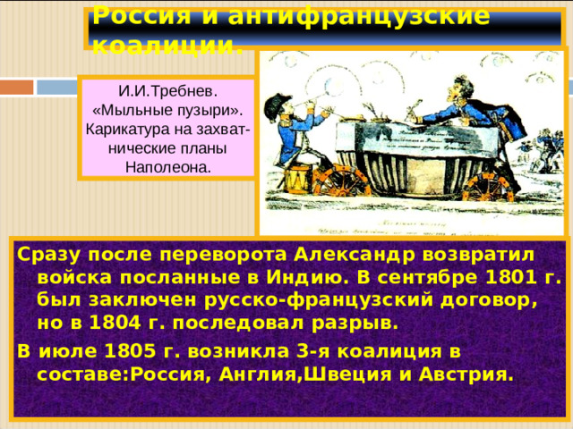 Россия и антифранцузские коалиции. И.И.Требнев. «Мыльные пузыри». Карикатура на захват- нические планы Наполеона. Сразу после переворота Александр возвратил войска посланные в Индию. В сентябре 1801 г. был заключен русско-французский договор, но в 1804 г. последовал разрыв. В июле 1805 г. возникла 3-я коалиция в составе:Россия, Англия,Швеция и Австрия.