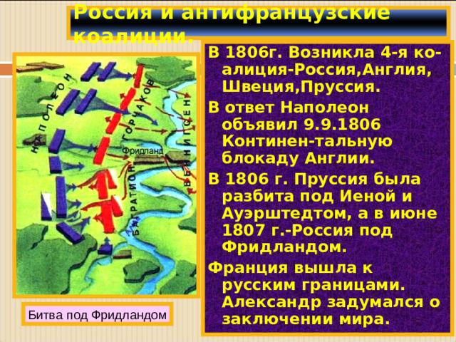 Россия и антифранцузские коалиции. В 1806г. Возникла 4-я ко-алиция-Россия,Англия, Швеция,Пруссия. В ответ Наполеон объявил 9.9.1806 Континен-тальную блокаду Англии. В 1806 г. Пруссия была разбита под Иеной и Ауэрштедтом, а в июне 1807 г.-Россия под Фридландом. Франция вышла к русским границами. Александр задумался о заключении мира. Битва под Фридландом