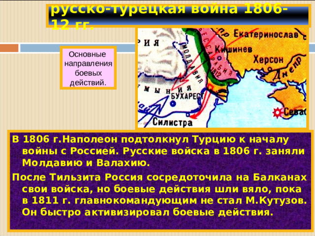 русско-турецкая война 1806-12 гг. Основные направления боевых действий. В 1806 г.Наполеон подтолкнул Турцию к началу войны с Россией. Русские войска в 1806 г. заняли Молдавию и Валахию. После Тильзита Россия сосредоточила на Балканах свои войска, но боевые действия шли вяло, пока в 1811 г. главнокомандующим не стал М.Кутузов. Он быстро активизировал боевые действия.