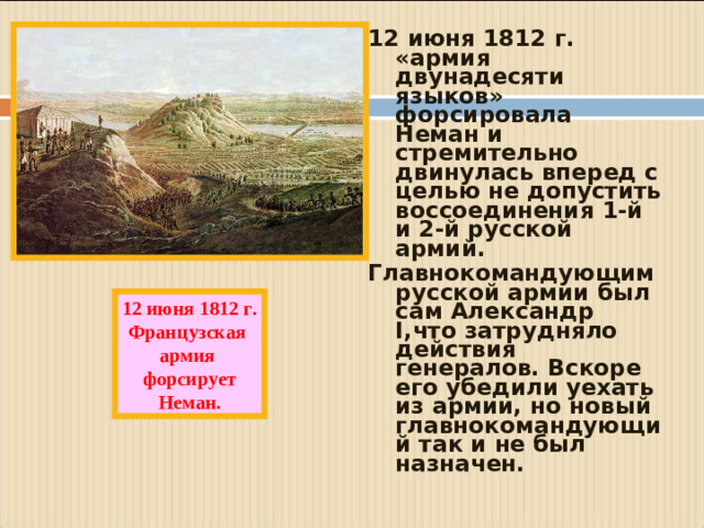 12 июня 1812 г. «армия двунадесяти языков» форсировала Неман и стремительно двинулась вперед с целью не допустить воссоединения 1-й и 2-й русской армий. Главнокомандующим русской армии был сам Александр I ,что затрудняло действия генералов. Вскоре его убедили уехать из армии, но новый главнокомандующий так и не был назначен.  12 июня 1812 г. Французская армия форсирует Неман.