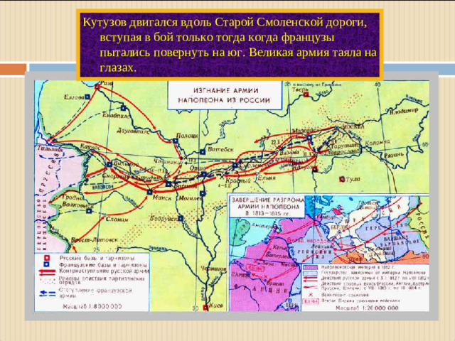 Кутузов двигался вдоль Старой Смоленской дороги, вступая в бой только тогда когда французы пытались повернуть на юг. Великая армия таяла на глазах.