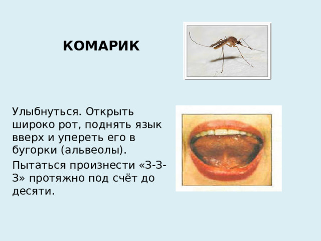 КОМАРИК Улыбнуться. Открыть широко рот, поднять язык вверх и упереть его в бугорки (альвеолы). Пытаться произнести «З-З-З» протяжно под счёт до десяти.