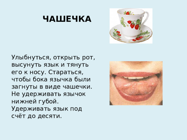 ЧАШЕЧКА Улыбнуться, открыть рот, высунуть язык и тянуть его к носу. Стараться, чтобы бока язычка были загнуты в виде чашечки. Не удерживать язычок нижней губой. Удерживать язык под счёт до десяти.