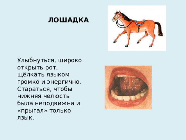 ЛОШАДКА Улыбнуться, широко открыть рот, щёлкать языком громко и энергично. Стараться, чтобы нижняя челюсть была неподвижна и «прыгал» только язык.