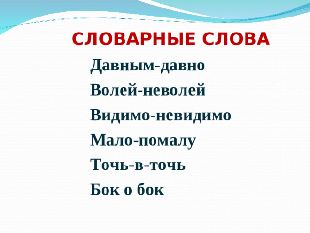 СЛОВАРНЫЕ СЛОВА  Давным-давно  Волей-неволей  Видимо-невидимо  Мало-помалу  Точь-в-точь  Бок о бок