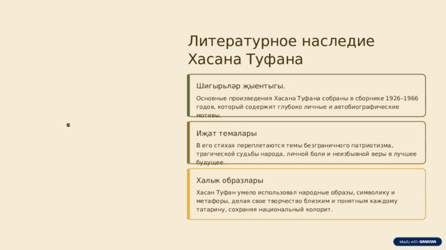 Литературное наследие Хасана Туфана Шигырьләр җыентыгы. Основные произведения Хасана Туфана собраны в сборнике 1926–1966 годов, который содержит глубоко личные и автобиографические мотивы. Иҗат темалары В его стихах переплетаются темы безграничного патриотизма, трагической судьбы народа, личной боли и неизбывной веры в лучшее будущее. Халык образлары Хасан Туфан умело использовал народные образы, символику и метафоры, делая свое творчество близким и понятным каждому татарину, сохраняя национальный колорит.
