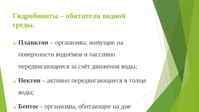 Гидробионты – обитатели водной среды.
