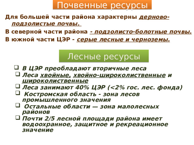 Почвенные ресурсы Для большей части района характерны дерново- подзолистые почвы. В северной части района - подзолисто-болотные почвы. В южной части ЦЭР - серые лесные и черноземы.  Лесные ресурсы