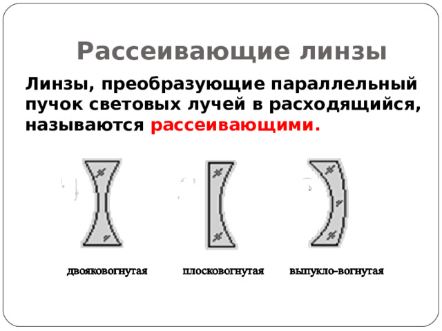 Рассеивающие линзы Линзы, преобразующие параллельный пучок световых лучей в расходящийся, называются рассеивающими.