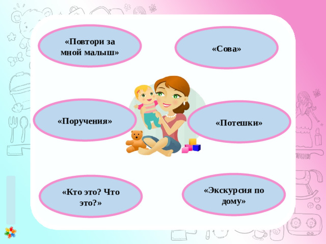 1 этап (0-3 месяца) 1. Развитие у ребенка потребности общения с взрослым. Установление эмоционального контакта в первую очередь между матерью и ребенком. 2. Развитие зрительного и слухового сосредоточения: учить малыша всматриваться в лицо взрослого, в яркие игрушки, следить за передвигающимся предметом, прислушиваться к различным звукам, отыскивать по звуку погремушку или колокольчик. 3. Внимательно прислушиваться к первым неумелым попыткам малыша заговорить (имеется в виду гуление), а затем отвечать на это в той манере, которую младенец способен воспринять. 4. Правильному развитию речи помогает логопедический массаж лицевых мышц. «Повтори за мной малыш» «Сова» «Поручения» «Потешки» «Экскурсия по дому» «Кто это? Что это?»