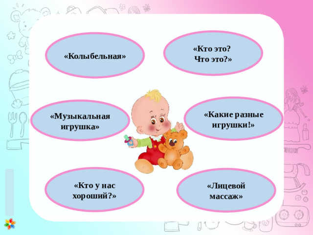 1 этап (0-3 месяца) 1. Развитие у ребенка потребности общения с взрослым. Установление эмоционального контакта в первую очередь между матерью и ребенком. 2. Развитие зрительного и слухового сосредоточения: учить малыша всматриваться в лицо взрослого, в яркие игрушки, следить за передвигающимся предметом, прислушиваться к различным звукам, отыскивать по звуку погремушку или колокольчик. 3. Внимательно прислушиваться к первым неумелым попыткам малыша заговорить (имеется в виду гуление), а затем отвечать на это в той манере, которую младенец способен воспринять. 4. Правильному развитию речи помогает логопедический массаж лицевых мышц. «Кто это? Что это?» «Колыбельная» «Какие разные игрушки!» «Музыкальная игрушка» «Кто у нас хороший?» «Лицевой массаж»