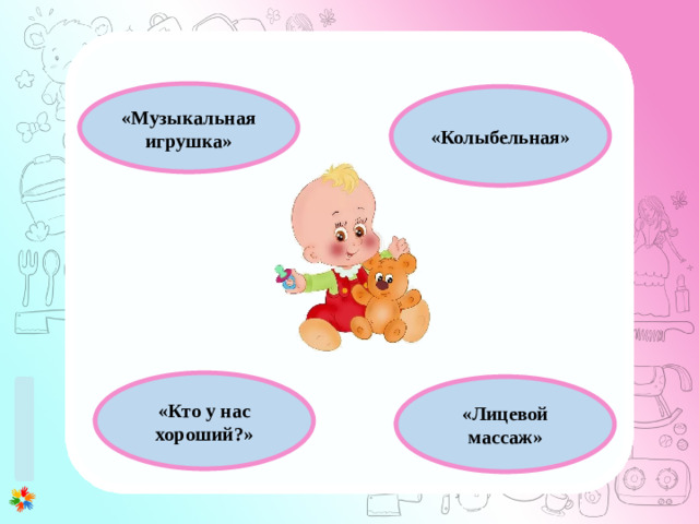1 этап (0-3 месяца) 1. Развитие у ребенка потребности общения с взрослым. Установление эмоционального контакта в первую очередь между матерью и ребенком. 2. Развитие зрительного и слухового сосредоточения: учить малыша всматриваться в лицо взрослого, в яркие игрушки, следить за передвигающимся предметом, прислушиваться к различным звукам, отыскивать по звуку погремушку или колокольчик. 3. Внимательно прислушиваться к первым неумелым попыткам малыша заговорить (имеется в виду гуление), а затем отвечать на это в той манере, которую младенец способен воспринять. 4. Правильному развитию речи помогает логопедический массаж лицевых мышц. «Музыкальная игрушка» «Колыбельная» «Кто у нас хороший?» «Лицевой массаж»