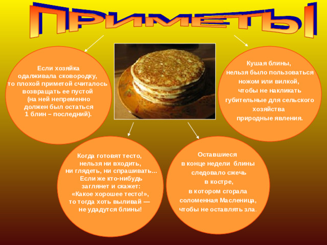 Кушая блины, нельзя было пользоваться ножом или вилкой, чтобы не накликать  губительные для сельского хозяйства природные явления. Если хозяйка одалживала сковородку, то плохой приметой считалось возвращать ее пустой (на ней непременно  должен был остаться 1 блин – последний).   Оставшиеся в конце недели блины  следовало сжечь  в костре,  в котором сгорала соломенная Масленица, чтобы не оставлять зла . Когда готовят тесто, нельзя ни входить,  ни глядеть, ни спрашивать...  Если же кто-нибудь  заглянет и скажет:  «Какое хорошее тесто!», то тогда хоть выливай — не удадутся блины!