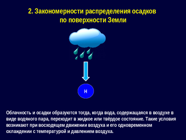 2. Закономерности распределения осадков по поверхности Земли Н Облачность и осадки образуются тогда, когда вода, содержащаяся в воздухе в виде водяного пара, переходит в жидкое или твёрдое состояние. Такие условия возникают при восходящем движении воздуха и его одновременном охлаждении с температурой и давлением воздуха.
