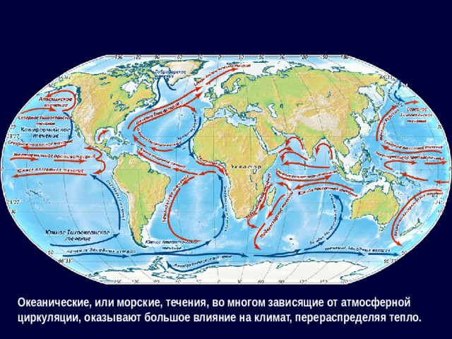 Океанические, или морские, течения, во многом зависящие от атмосферной циркуляции, оказывают большое влияние на климат, перераспределяя тепло.