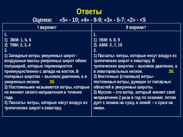 Ответы Оценки: «5» - 10; «4» - 8-9; «3» - 5-7; «2» -  I вариант 1. II вариант ЭВМ: 1, 5, 6 ТВМ: 2, 3, 4 1. 2. УВМ: 5, 8, 9 АВМ: 3, 7, 10 1) Западные ветры умеренных широт - воздушные массы умеренных широт обоих полушарий, которые перемещаются преимущественно с запада на восток. В полярных широтах – высокое давление, а в умеренных низкое. 2б. 2. 2) Постоянными называются ветры, которые не меняют своего направления в течение года. 1) Пассаты- ветры, которые несут воздух из тропических широт к экватору. В тропических широтах – высокое давление, а в экваториальных низкое. 2б. 3) Пассаты- ветры, которые несут воздух из тропических широт к экватору. 2) Восточные (стоковые) ветры - постоянные ветры, дующие от полярных областей в умеренные широты. 3) Муссон – это ветер, который меняет своё направление 2 раза в год по сезонам: летом дует с океана на сушу, а зимой – с суши на океан.
