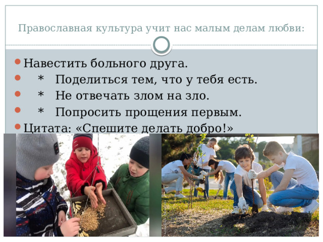 Православная культура учит нас малым делам любви: