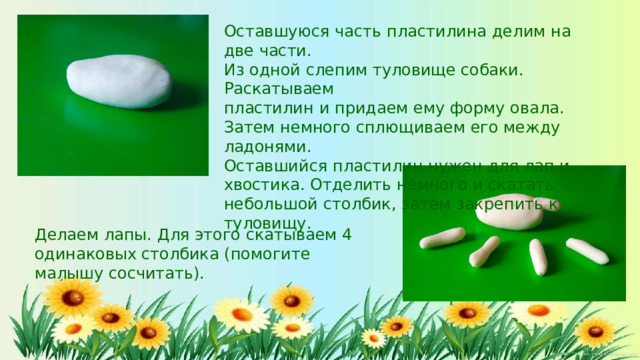 Оставшуюся  часть  пластилина  делим  на  две  части. Из  одной  слепим  туловище  собаки.  Раскатываем пластилин  и  придаем  ему  форму  овала.  Затем  немного сплющиваем  его  между  ладонями. Оставшийся  пластилин  нужен  для  лап  и  хвостика. Отделить  немного  и  скатать  небольшой  столбик,  затем закрепить  к  туловищу. Делаем  лапы.  Для  этого  скатываем  4  одинаковых столбика  (помогите  малышу  сосчитать).
