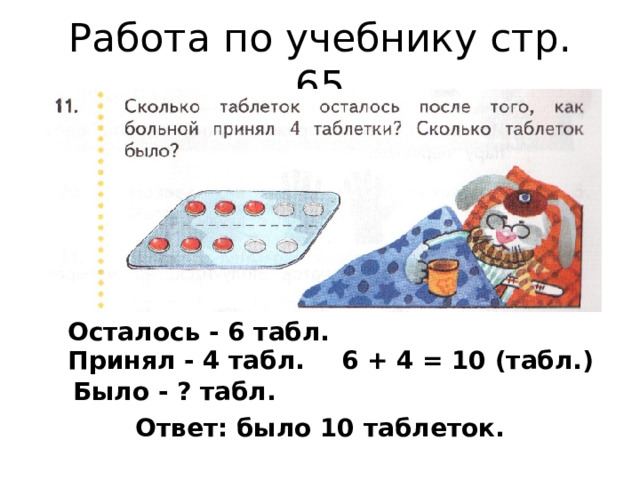Работа по учебнику стр. 65 Осталось - 6 табл. Принял - 4 табл. 6 + 4 = 10 (табл.) Было - ? табл. Ответ: было 10 таблеток.