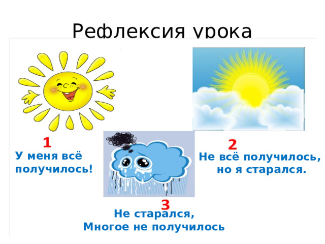 Рефлексия урока У меня всё получилось! Не всё получилось, но я старался. Не старался, Многое не получилось