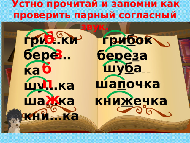 Устно прочитай и запомни как проверить парный согласный звук. б гри…ки бере…ка шу…ка ша…ка кни…ка гри б ок з бере з а б шу б а п ша п очка ж кни ж ечка