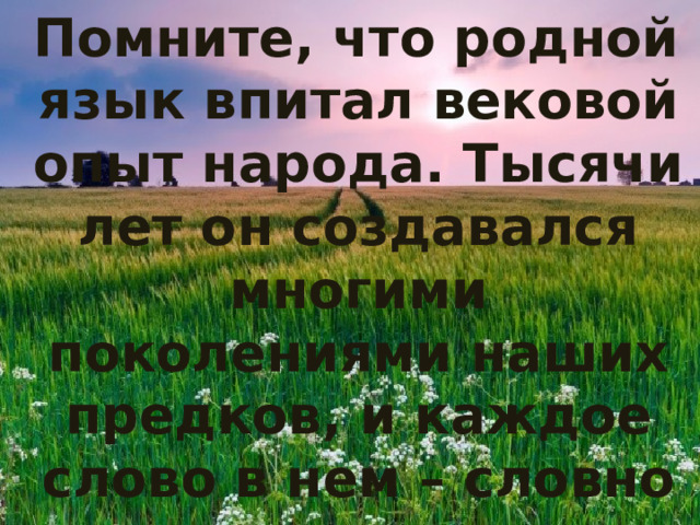 Помните, что родной язык впитал вековой опыт народа. Тысячи лет он создавался многими поколениями наших предков, и каждое слово в нем – словно крупица чистого золота!  Помните, что родной язык впитал вековой опыт народа. Тысячи лет он создавался многими поколениями наших предков, и каждое слово в нем – словно крупица чистого золота!  Великим, могучим, правдивым и свободным называл наш язык И.С.Тургенев. Он призывал беречь «чистоту языка, как святыню».   Язык свободный, мудрый и простой Нам поколения в наследство подарили. Крылов и Пушкин, Чехов и Толстой Его в своих твореньях сохранили. Язык писателей нам служит образцом. Он мудростью народною отмечен. Овладевайте же литературным языком! Боритесь за культуру речи!