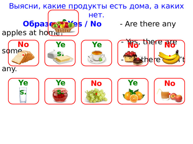 Выясни, какие продукты есть дома, а каких нет.  Образец: Yes / No - Are there any apples at home?  - Yes, there are some.  - No, there aren’t any. No. Yes. Yes. No. No. Yes. Yes. Yes. No. No.