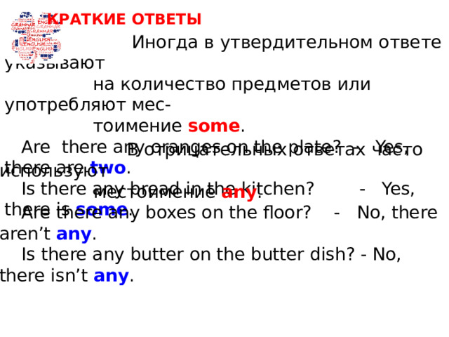КРАТКИЕ ОТВЕТЫ  Иногда в утвердительном ответе указывают  на количество предметов или употребляют мес-  тоимение some .  Are there any oranges on the plate? - Yes, there are two .  Is there any bread in the kitchen? - Yes, there is some .  В отрицательных ответах часто используют  местоимение any .  Are there any boxes on the floor? - No, there aren’t any .  Is there any butter on the butter dish? - No, there isn’t any .