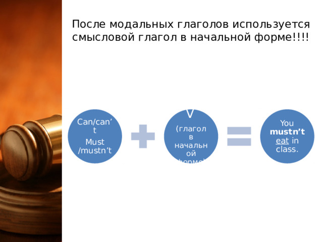 После модальных глаголов используется смысловой глагол в начальной форме!!!! Can/can’t V  You mustn’t  eat in class. Must /mustn’t (глагол в начальной форме)