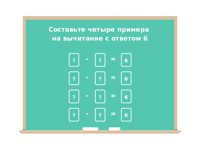 Составьте четыре примера на вычитание с ответом 6 Повторение  — Составь четыре примера на вычитание с ответом 6. После можете предложить парную взаимопроверку. — Обменяйтесь тетрадями с соседом по парте, проведите взаимопроверку. = - 6 ? ? - = ? 6 ? 4 - = 6 ? ? = - ? 6 ?