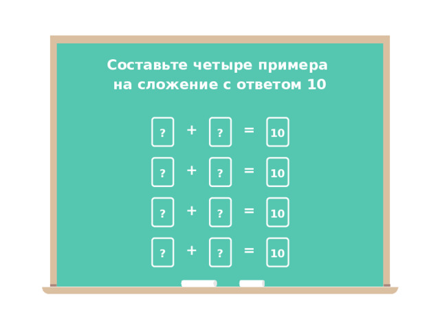 Составьте четыре примера на сложение с ответом 10 Повторение  — Составьте четыре примера на сложение с ответом 10. После можете предложить парную взаимопроверку. — Обменяйтесь тетрадями с соседом по парте, проведите взаимопроверку. = + 10 ? ? + = ? 10 ? 4 + = 10 ? ? = + ? 10 ?