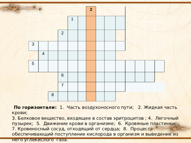 3 1 2 4 5 2 6 7 8   По горизонтали: 1. Часть воздухоносного пути; 2. Жидкая часть крови;  3. Белковое вещество, входящее в состав эритроцитов ; 4. Легочный пузырек; 5. Движение крови в организме; 6. Кровяные пластинки; 7. Кровеносный сосуд, отходящий от сердца; 8. Процесс, обеспечивающий поступление кислорода в организм и выведение из него углекислого газа.