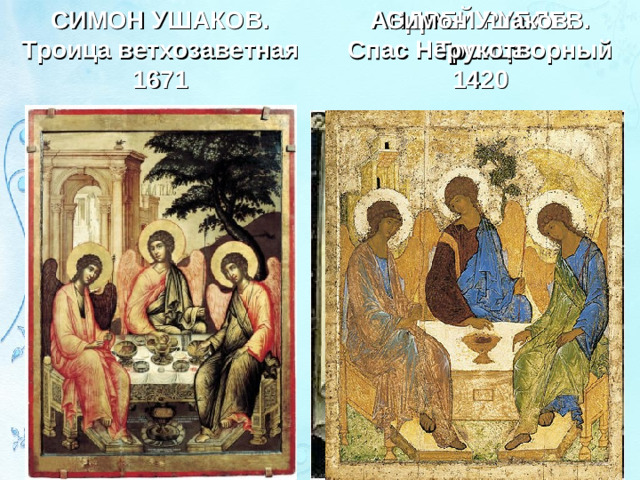 СИМОН УШАКОВ. Троица ветхозаветная 1671 АНДРЕЙ РУБЛЕВ. Троица 1420 Симон Ушаков. Спас Нерукотворный