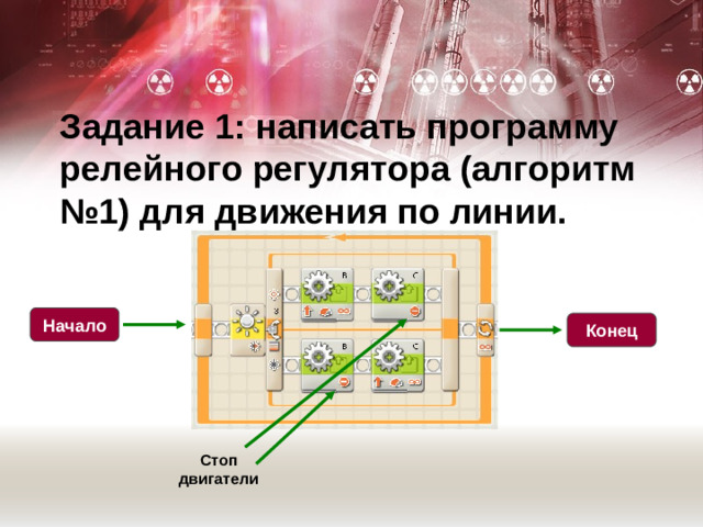 Задание 1: написать программу релейного регулятора (алгоритм №1) для движения по линии. Начало Конец Стоп двигатели
