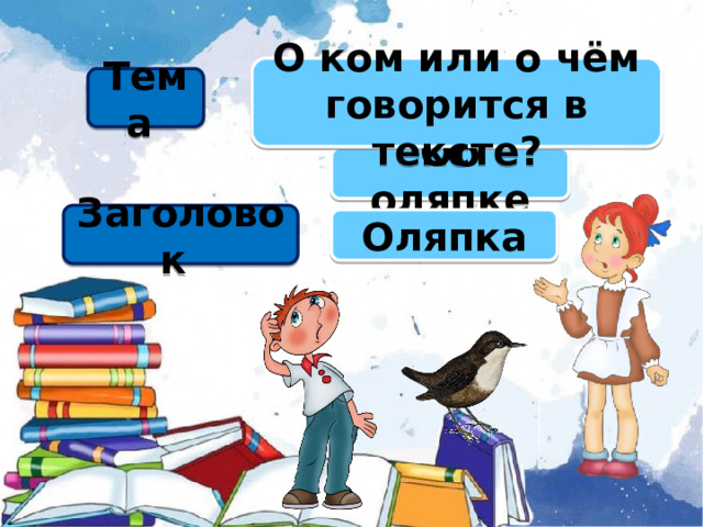 О ком или о чём говорится в тексте? Тема О водяном воробье Об оляпке Заголовок Оляпка
