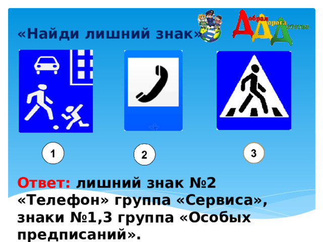 «Найди лишний знак»    Ответ: лишний знак №2 «Телефон» группа «Сервиса», знаки №1,3 группа «Особых предписаний».