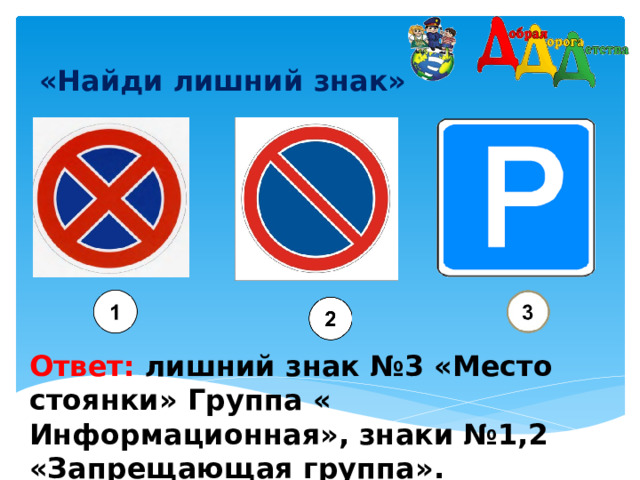 «Найди лишний знак»    Ответ: лишний знак №3 «Место стоянки» Группа « Информационная», знаки №1,2 «Запрещающая группа».