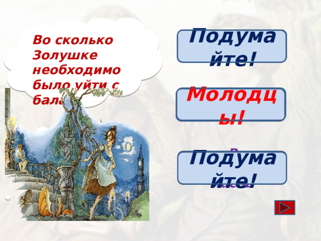 В полдень Во сколько Золушке необходимо было уйти с бала? Подумайте! Молодцы! В полночь В одиннадцать часов Подумайте!